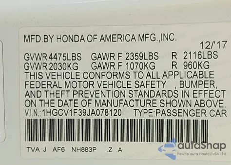 2018 Honda Accord Sport из США, поврежденный, VIN 1HGCV1F39JA078120